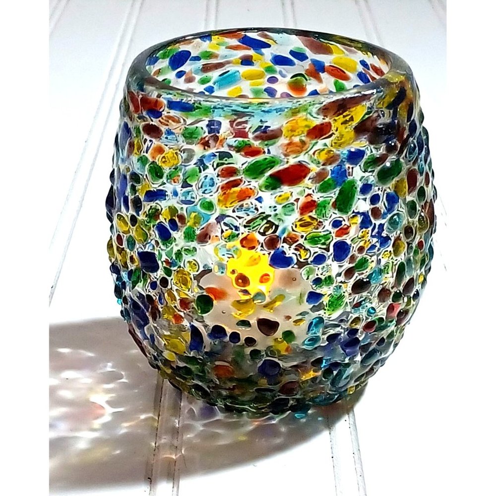 2 Fused Recycled Art Glass Rainbow Confetti Votive Tealight or Candle Holders - Picture 8 of 8